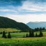 Scenic mountain valley with trees and clear sky.