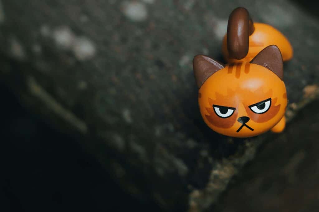 Toy cat with grumpy face on rock
